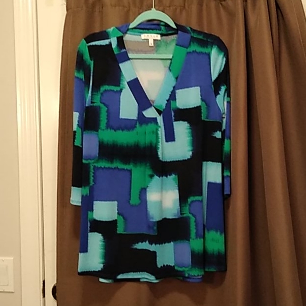 NWT Chaus Split Neck Top Chateau Blue/Black/Green
